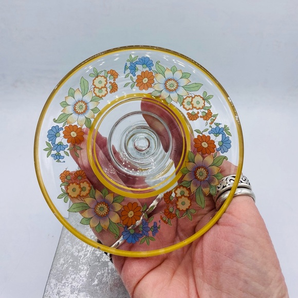 Vintage Clear Glass Candle Holder Multi/Color Floral Design Accented With Gold - Picture 6 of 8